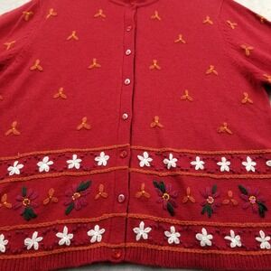 Vintage Cardigan‎ Women 3X Red Floral Embroidered Sweater Cottage Granny Holiday